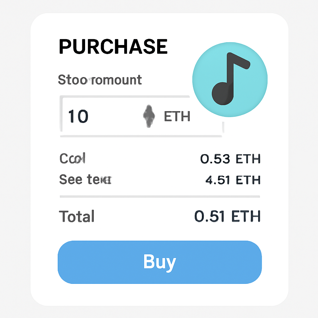 purchase interface on crypto music platform, input field for share amount, cost breakdown with gas fees, clean modern design