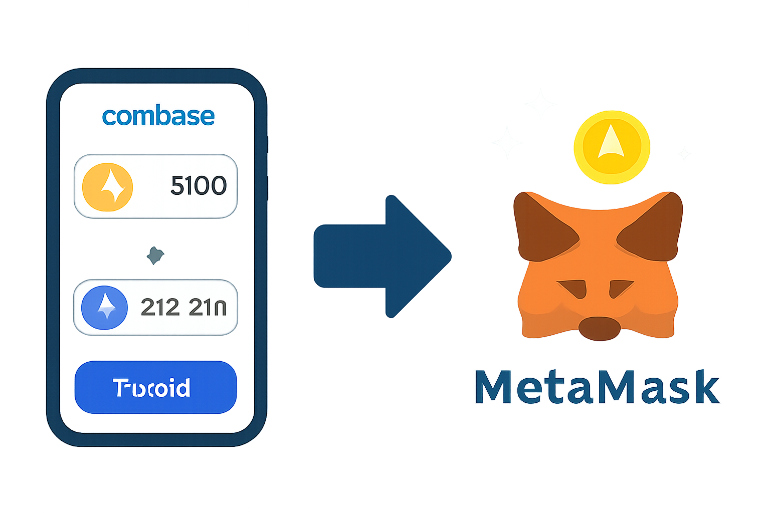Coinbase app swapping USD to ETH, arrow to MetaMask wallet transfer, cryptocurrency icons glowing