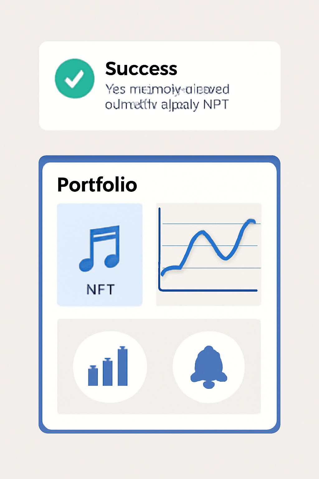 success confirmation screen for music royalty NFT purchase, portfolio dashboard with new asset added, tracking graphs and notifications