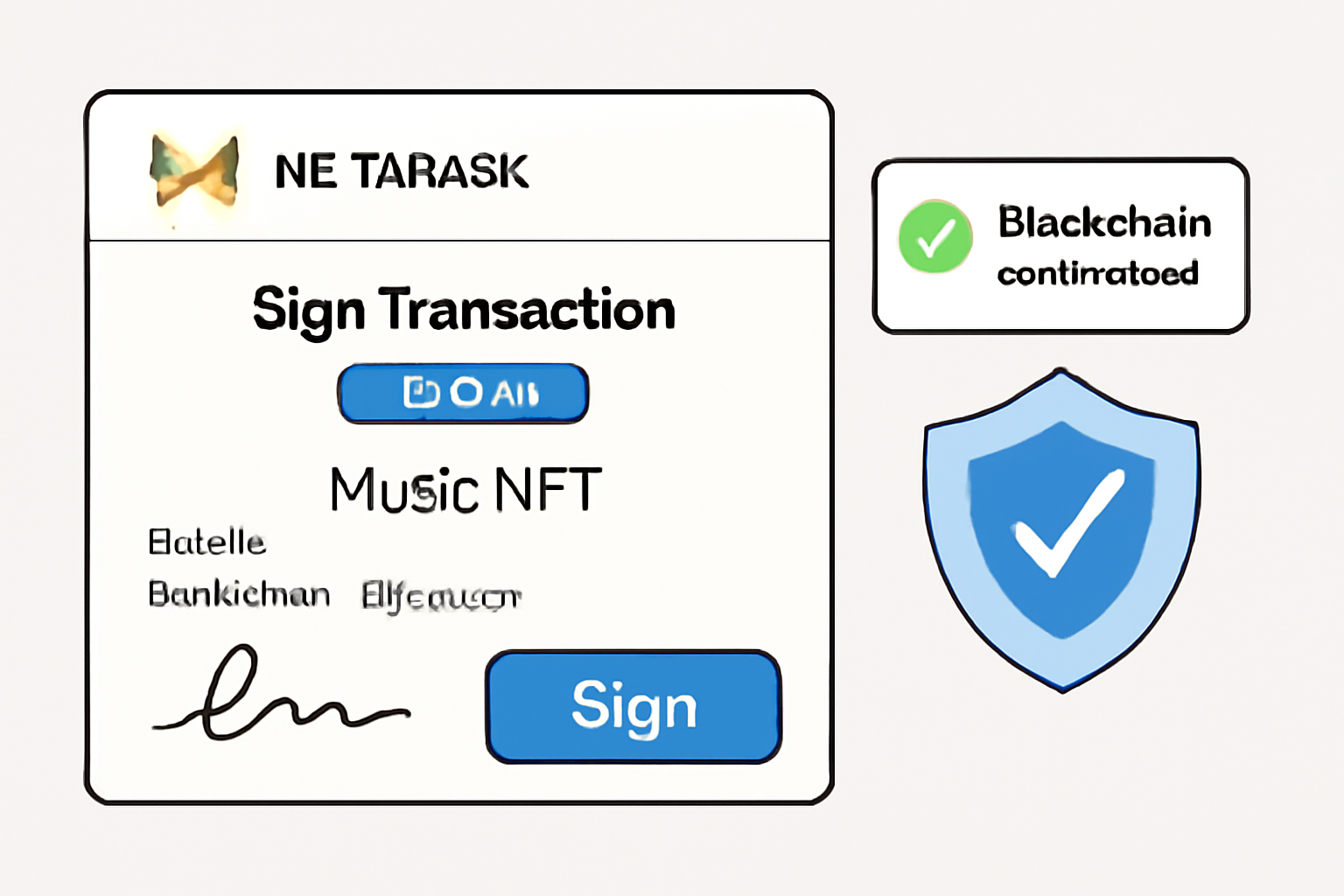 MetaMask wallet popup signing transaction for music NFT purchase, blockchain confirmation screen, secure digital signature process