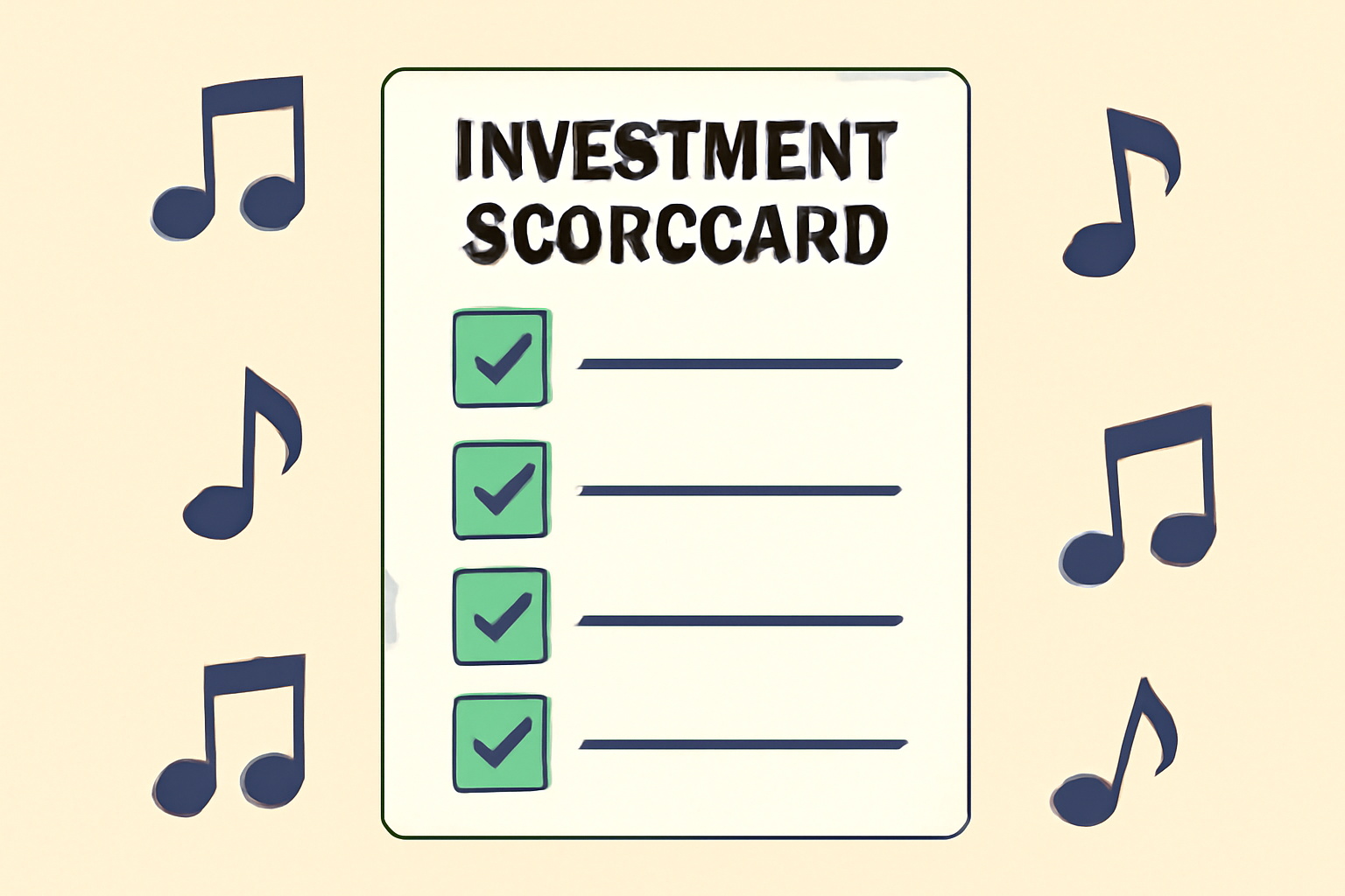 investment scorecard checklist with music notes and checkmarks