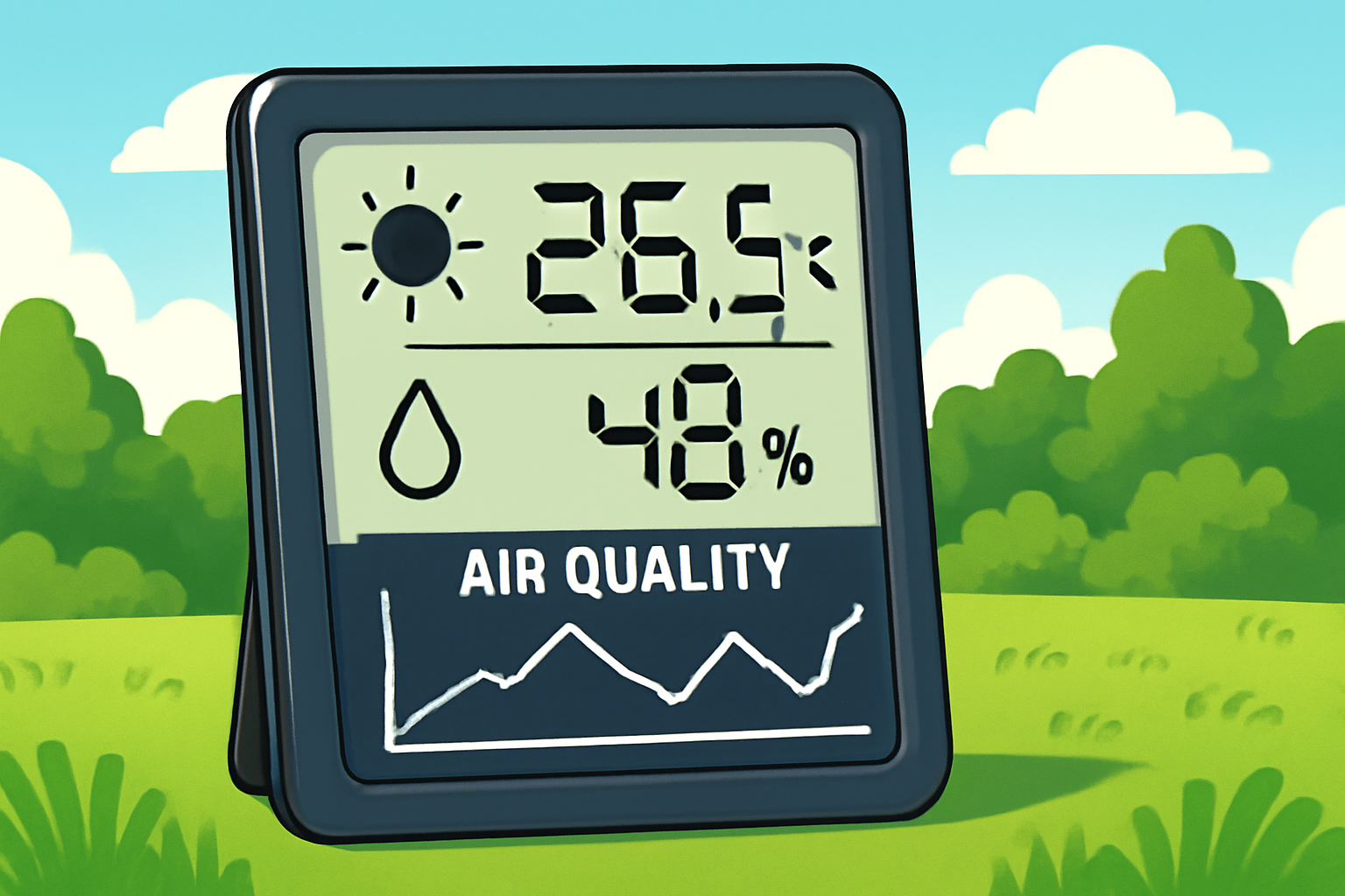 A close-up of a digital sensor display showing temperature, humidity, and air quality readings, with graphical data lines and nature in the background.