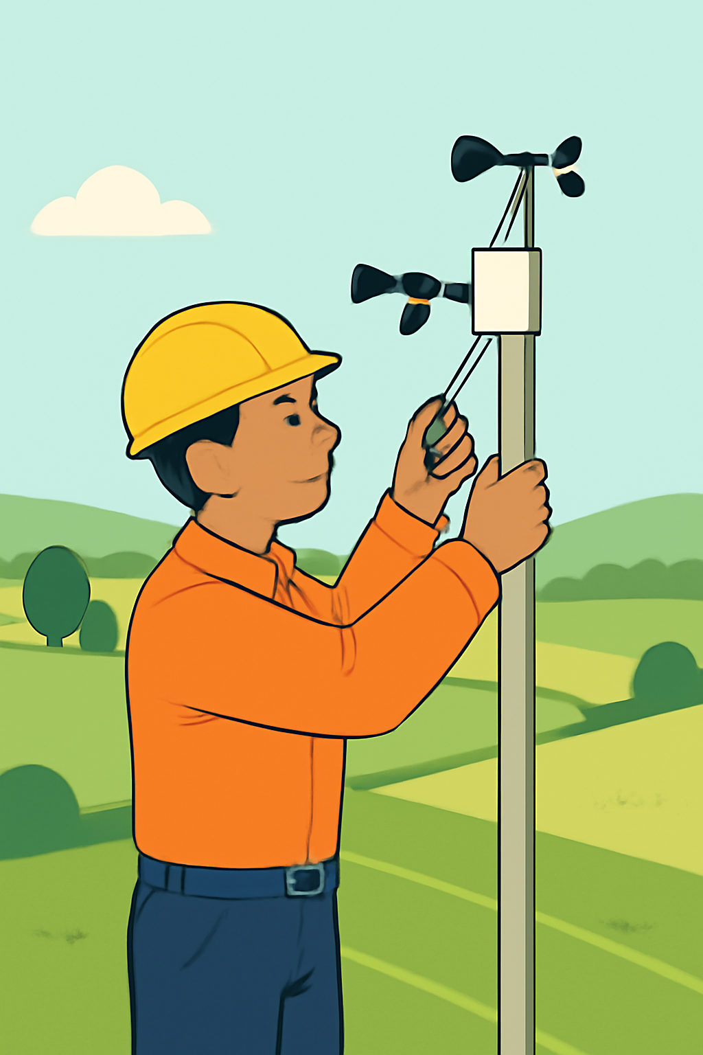 A technician installing a small weather sensor on a pole in a rural landscape, with clear skies and green fields, emphasizing community involvement.