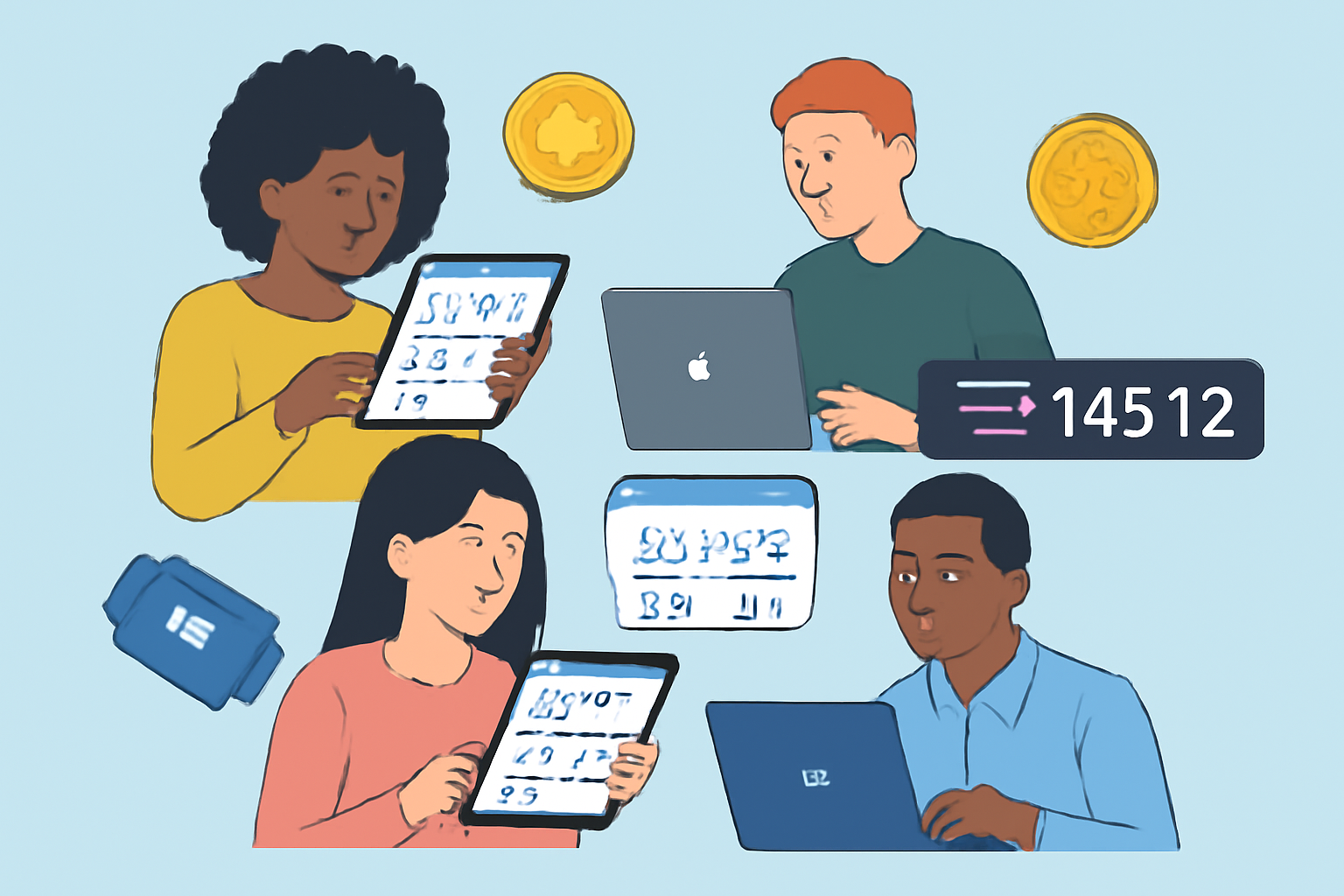A diverse group of people viewing climate data dashboards on tablets and laptops, with icons for rewards and tokens, and a Solana price ticker reading '$145.12'.