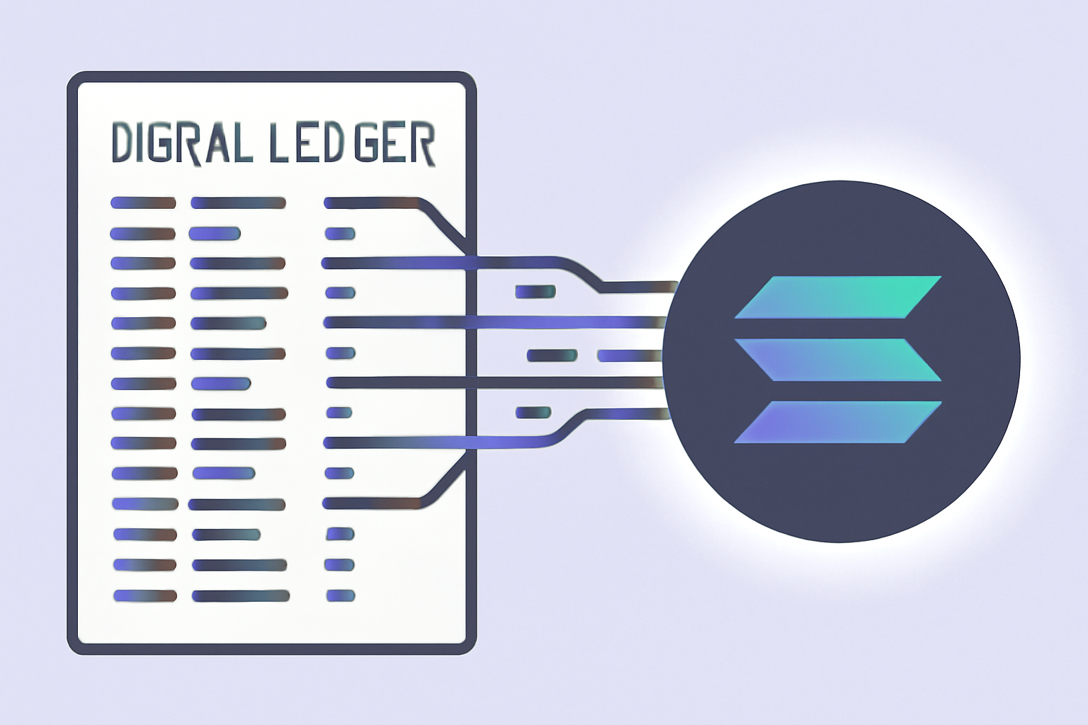 A digital ledger with lines of data flowing into a glowing Solana logo, symbolizing secure and transparent blockchain recording.
