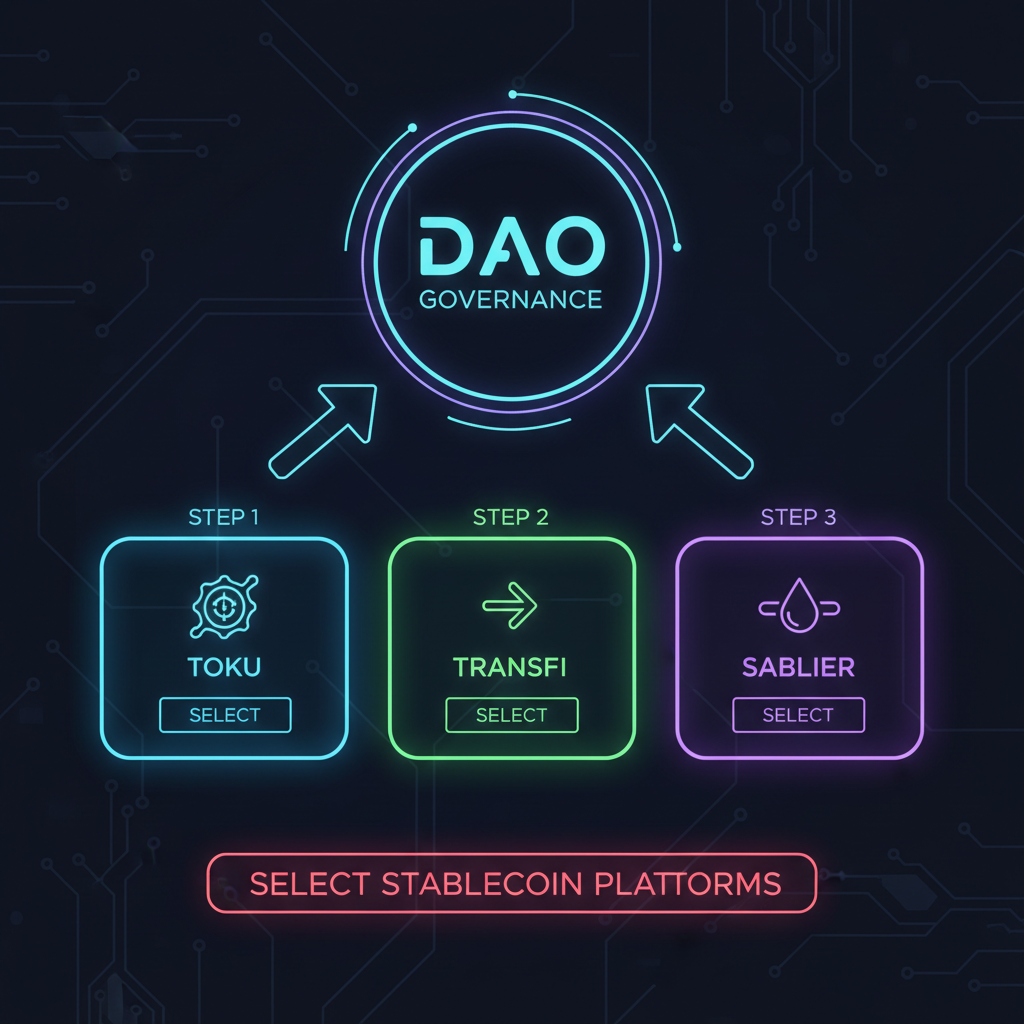 Futuristic DAO dashboard selecting stablecoin platforms Toku TransFi Sablier, neon interfaces glowing