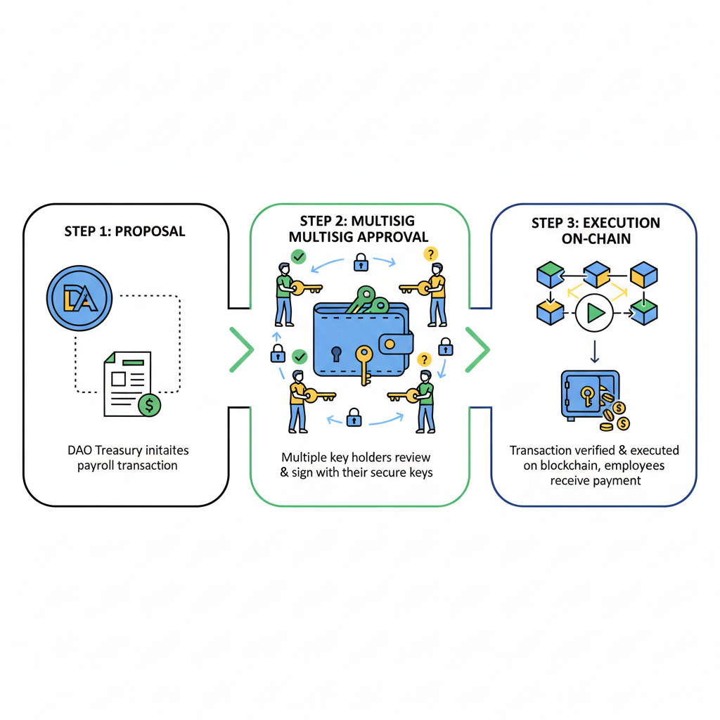Multisig wallet integration for DAO payroll, secure keys signing approvals on blockchain network