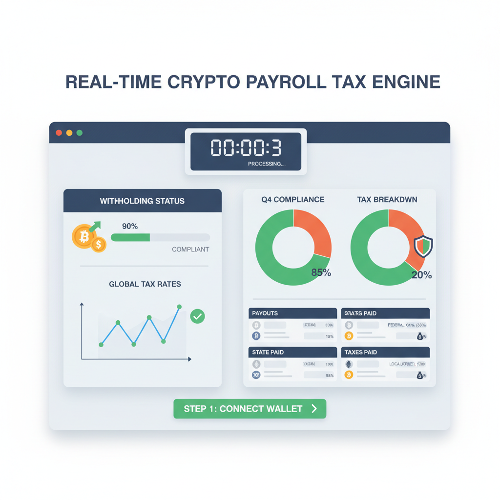 Automated tax engine dashboard withholding crypto payroll taxes in real-time, compliance charts