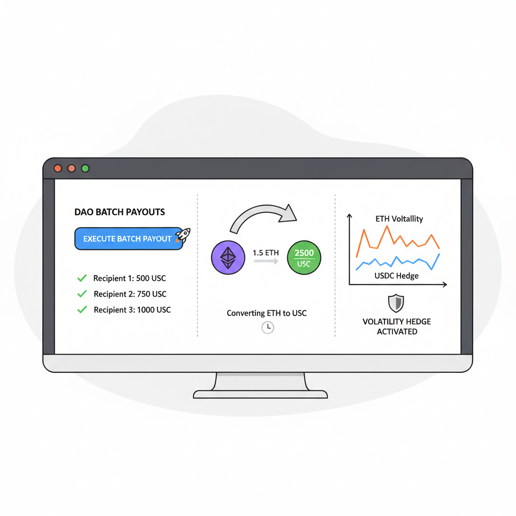 Testing DAO batch payouts on screen, ETH converting to USDC, volatility hedge graphs