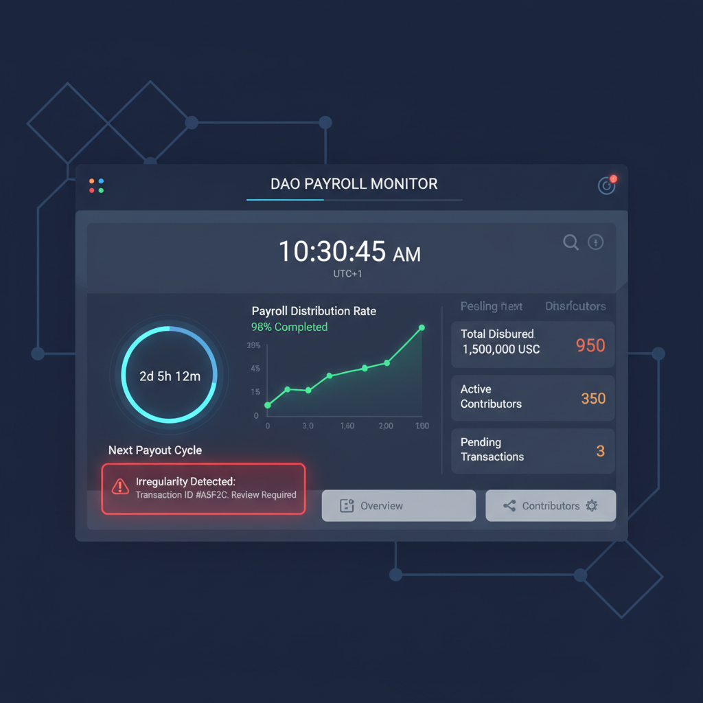 Modern DAO payroll monitoring dashboard like CoinsPaid, real-time metrics and alerts glowing