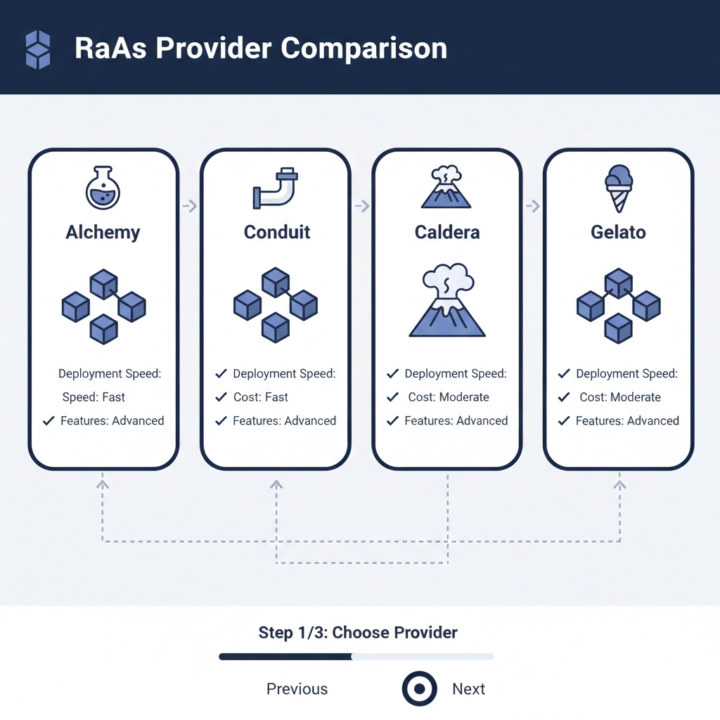 sleek dashboard comparing RaaS providers Alchemy Conduit Caldera Gelato blockchain icons