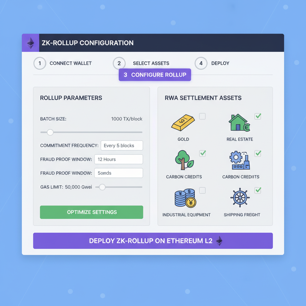 technical dashboard configuring zk-rollup parameters Ethereum settlement RWA icons