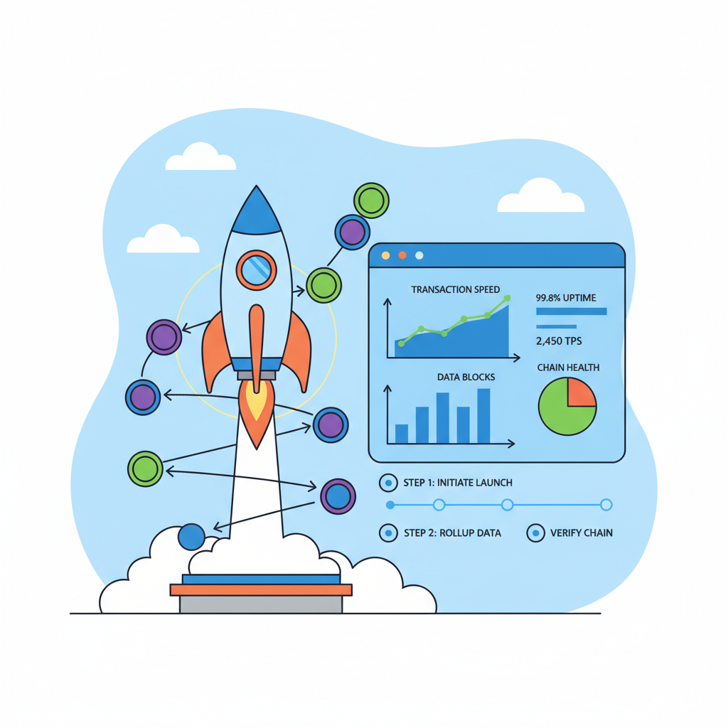 rocket launching rollup chain with real-time monitoring dashboard graphs