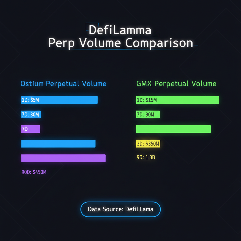 dashboard comparing Ostium and GMX perp volumes on DefiLlama, neon charts, dark mode