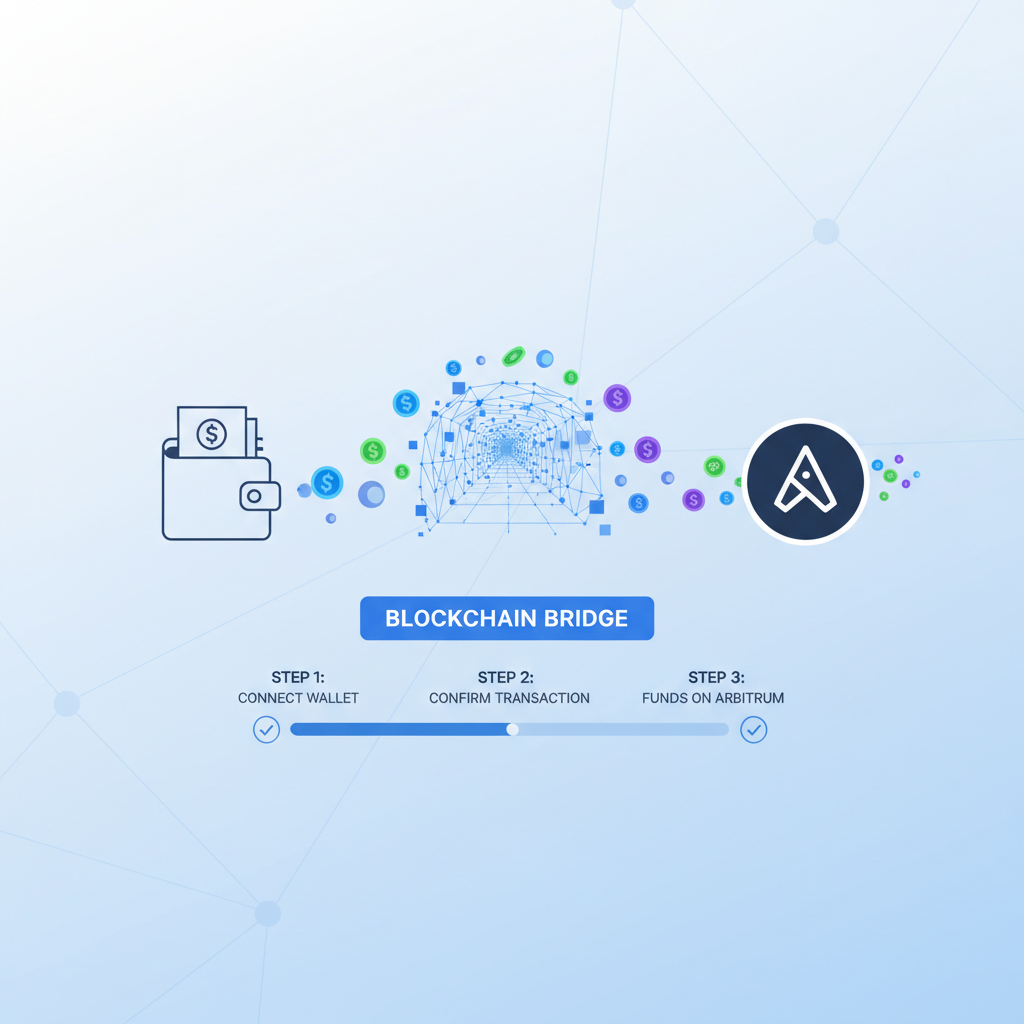 wallet bridging funds to Arbitrum, animated tokens flowing, blockchain bridge graphic