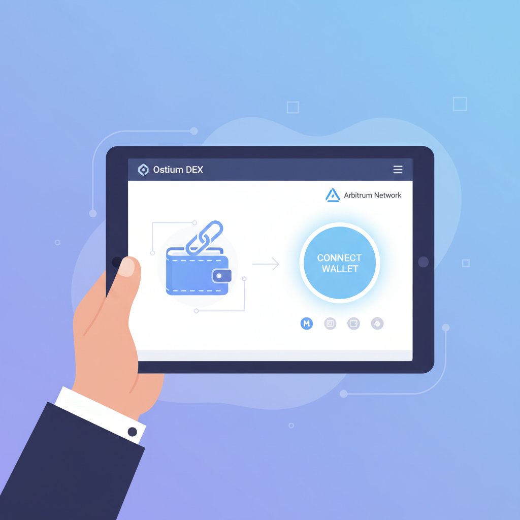 user connecting wallet to Ostium DEX interface, sleek UI, Arbitrum logo