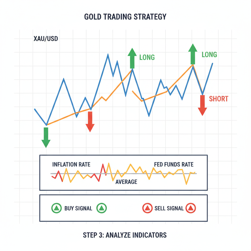 Trading chart with long/short arrows on gold pair, macro indicators like inflation lines, green/red signals