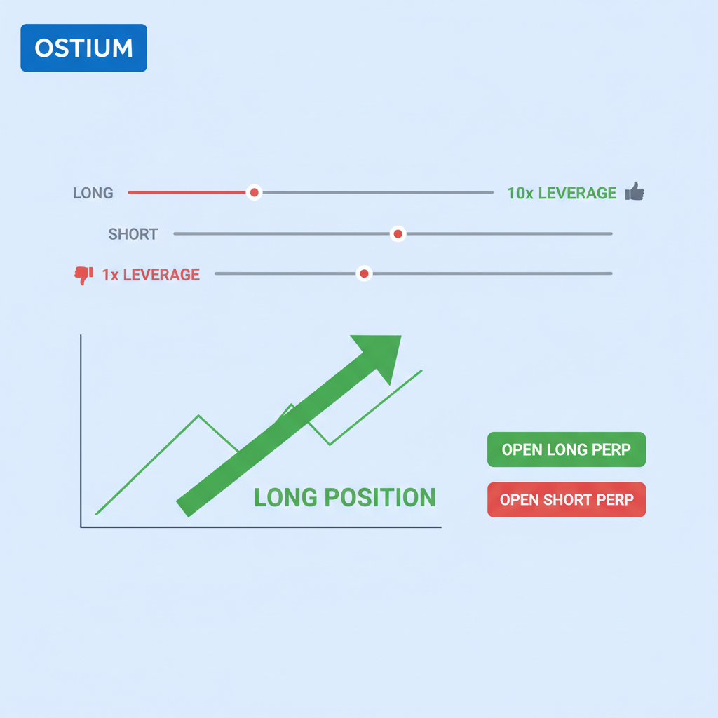 trading perp position on Ostium, leverage sliders, green long arrow chart