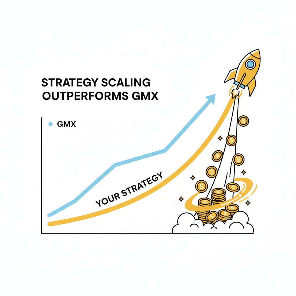 strategy scaling graph outperforming GMX, rocket trajectory, gold coins