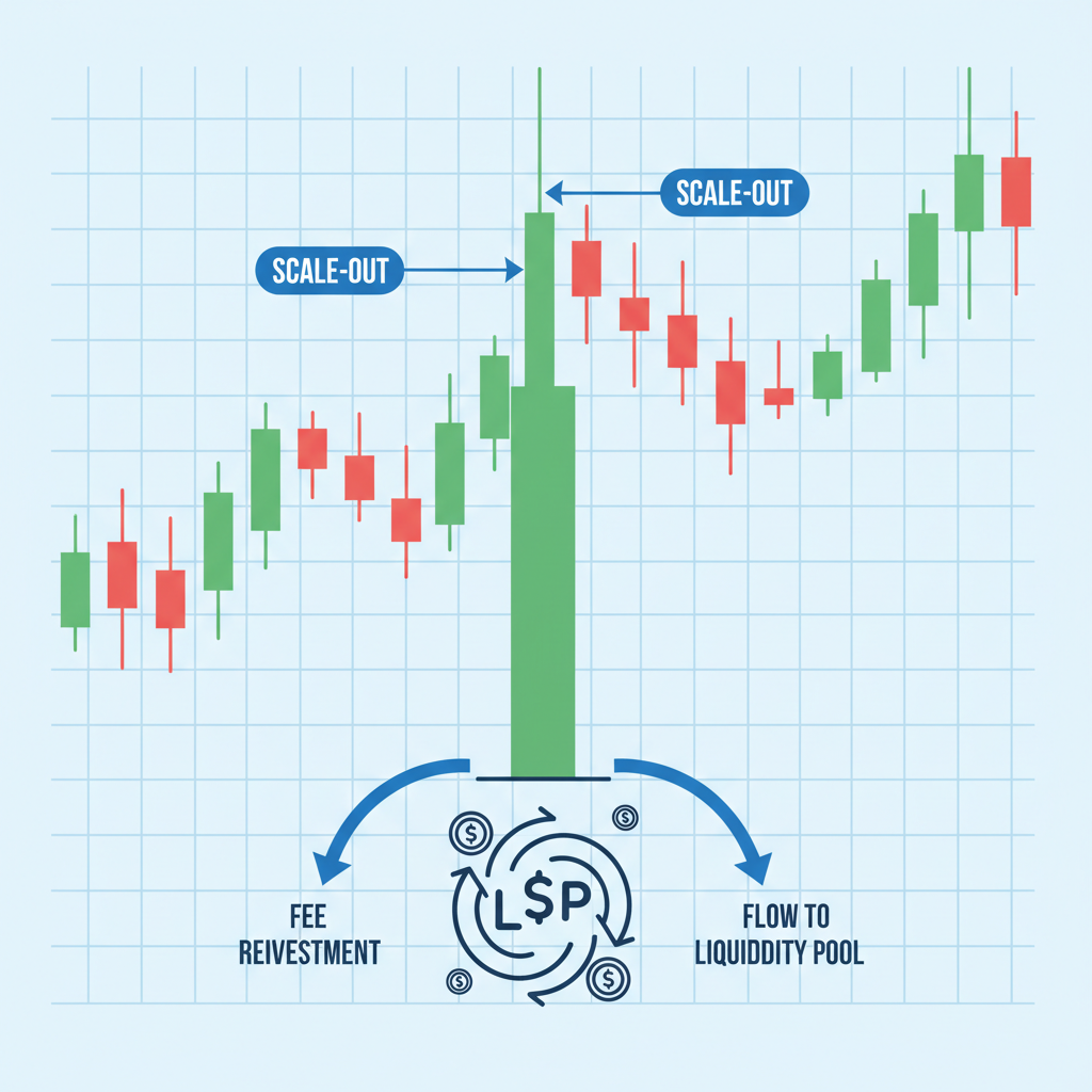 Volume spike candlestick chart with scale-out markers, fee reinvestment flow to liquidity pool
