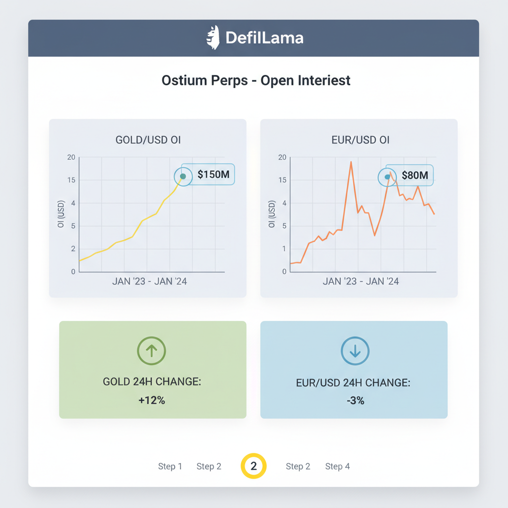 DefiLlama dashboard showing Ostium perps OI for gold and EURUSD pairs, clean UI, charts highlighted