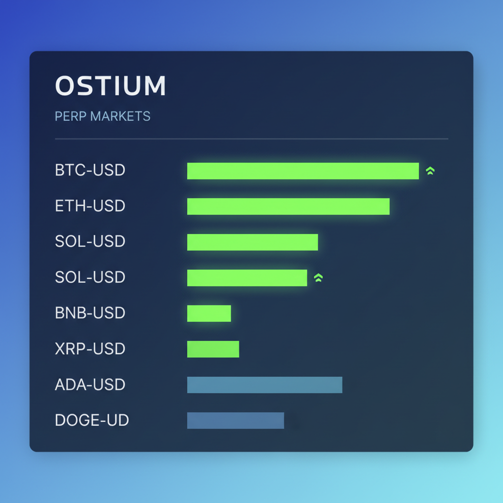 crypto perp markets list with volume bars, Ostium interface, glowing green highs