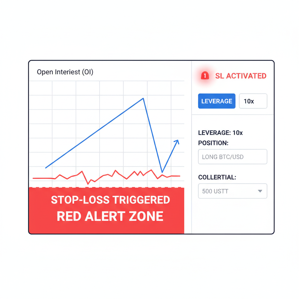 Perps trading interface with OI chart and stop-loss line triggered, red alert zone