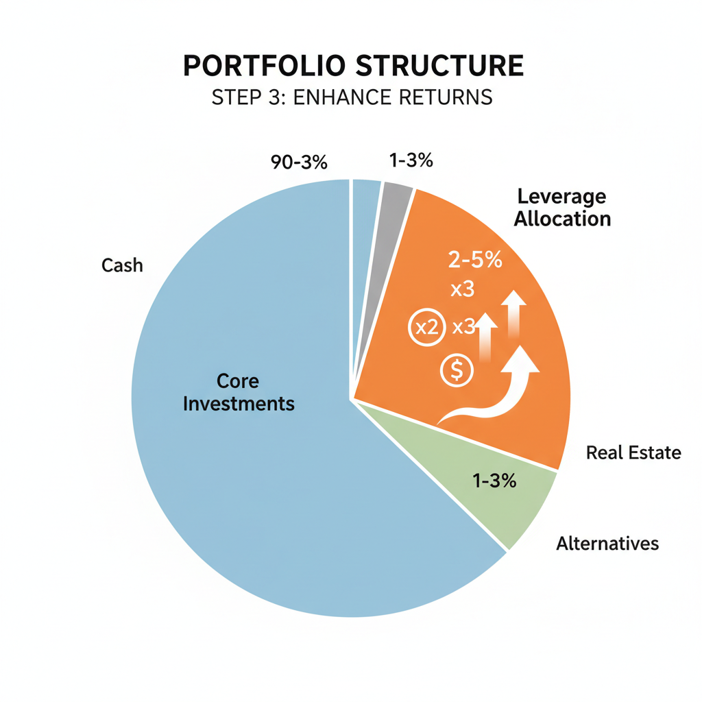 Portfolio pie chart with 2-5% allocation highlighted, leverage multiplier icons, modern financial graphic