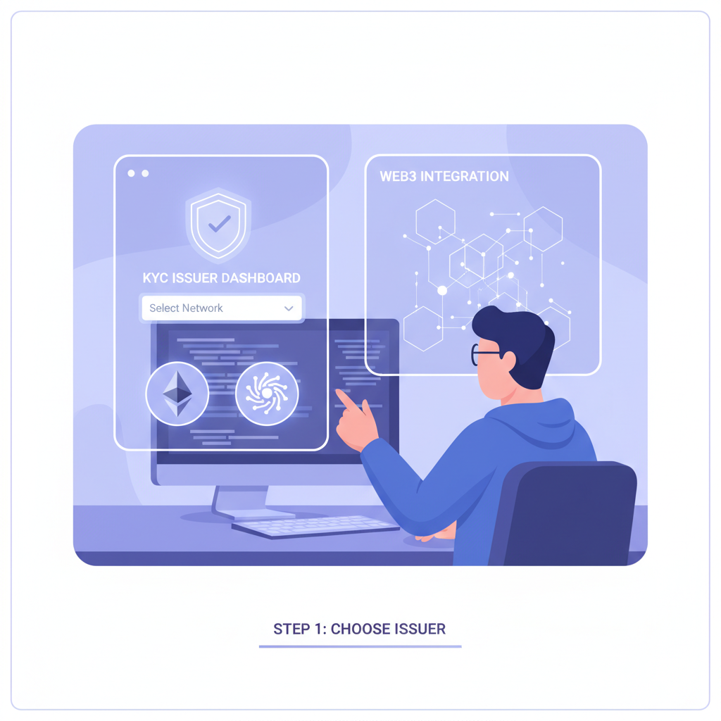 Developer at desk choosing KYC issuer dashboard, Web3 blockchain icons Ethereum Solana, futuristic UI screens
