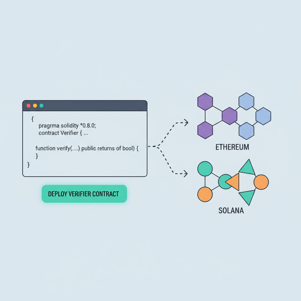 Solidity code editor deploying verifier smart contract, blockchain network diagram Ethereum Solana, green deploy button