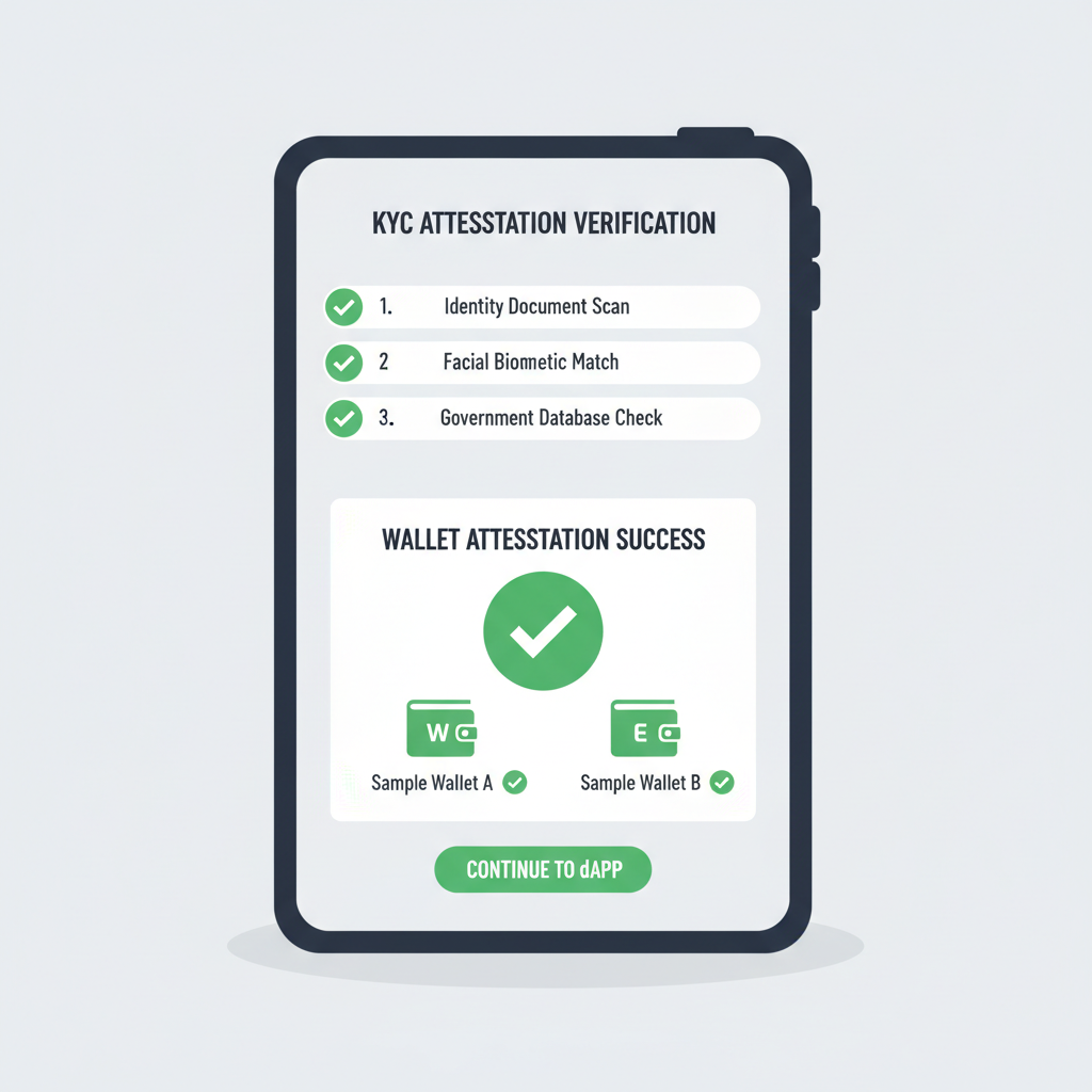 Wallet testing KYC attestation verification, green checkmarks success screen, dApp interface sample wallets