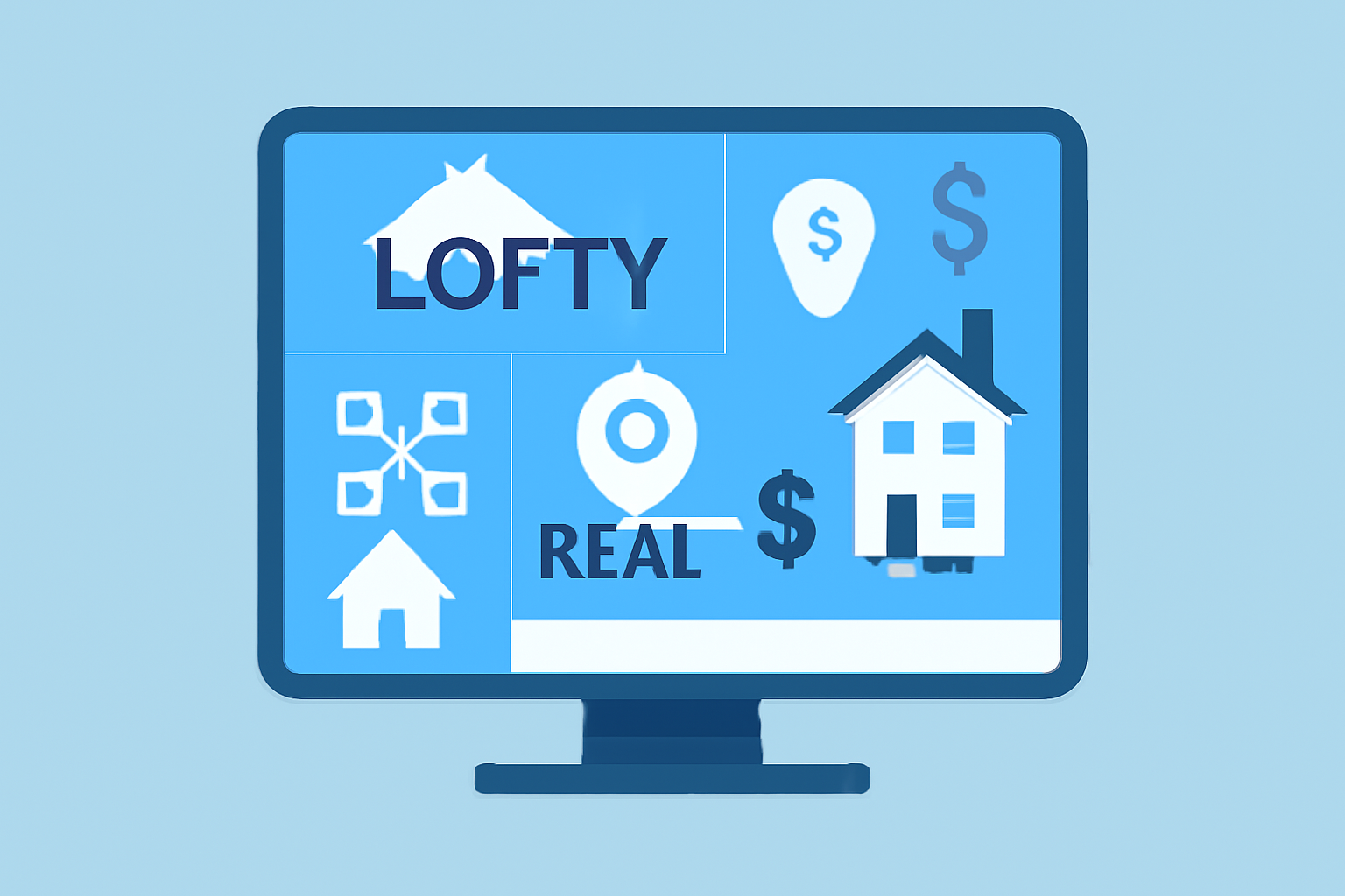 A computer screen displaying various real estate tokenization platforms like Lofty and RealT, with dollar signs and blockchain icons.