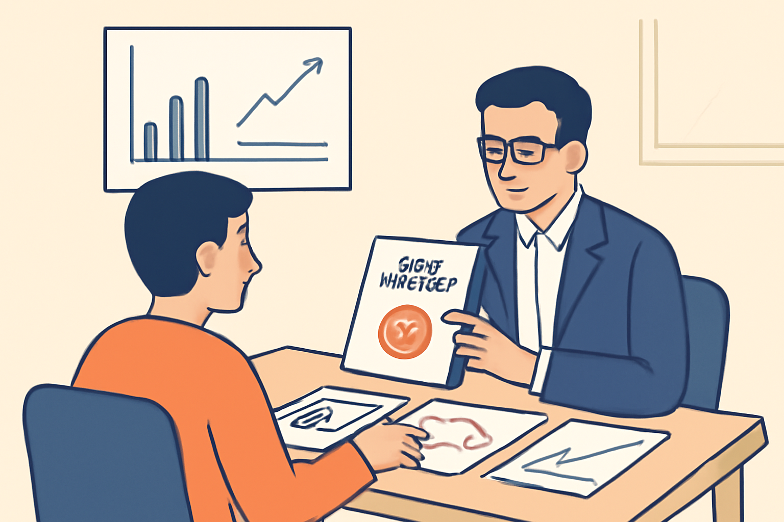 A person sitting at a desk with a financial advisor, reviewing charts and documents about real estate tokens.