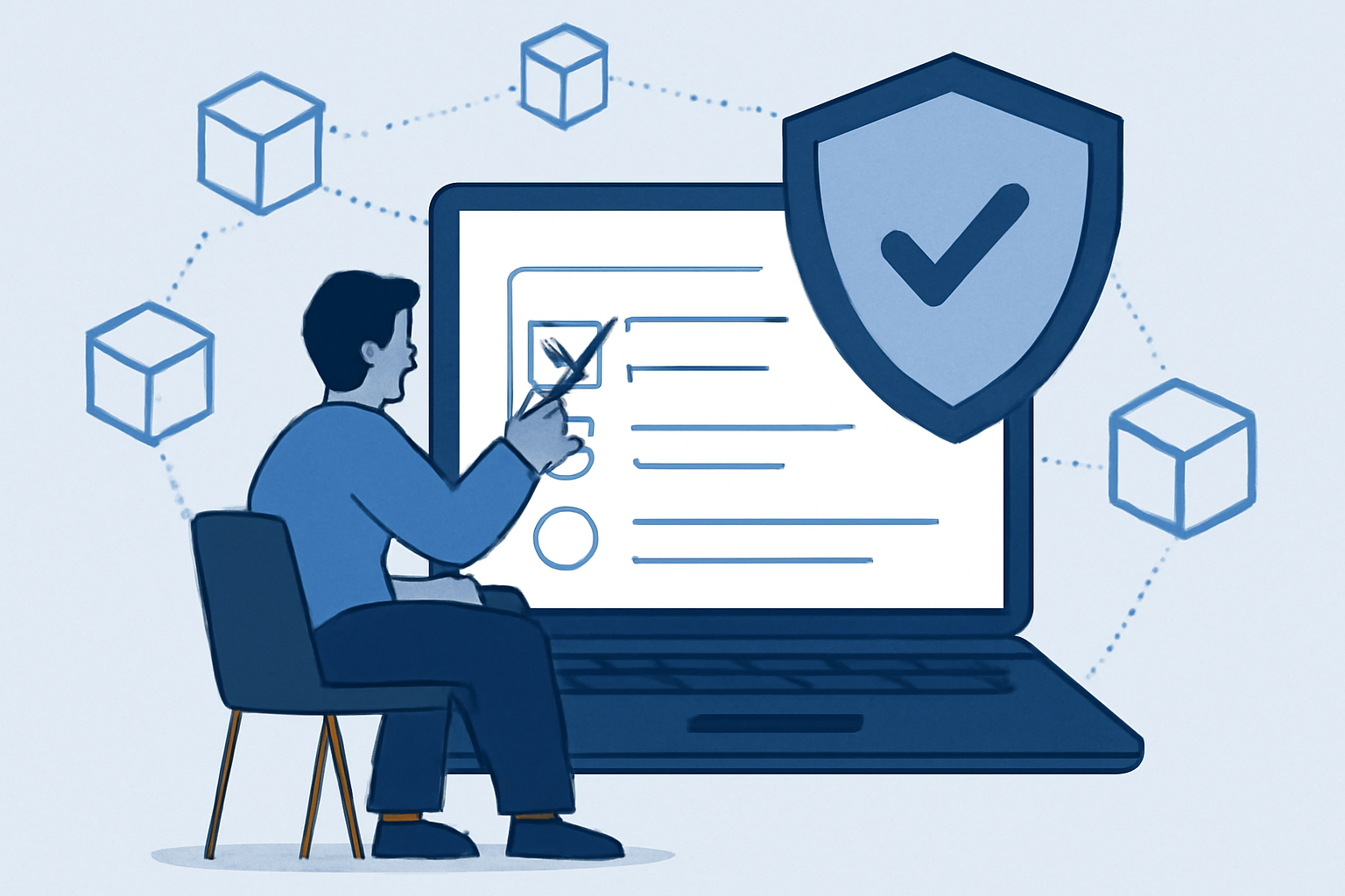 A user filling out an online form with a shield icon and a blockchain background, representing security and verification.