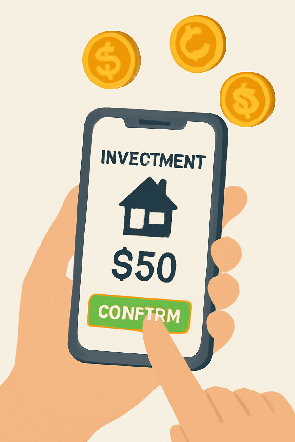 A hand holding a smartphone, confirming a $50 investment in a property token with digital coins floating above.