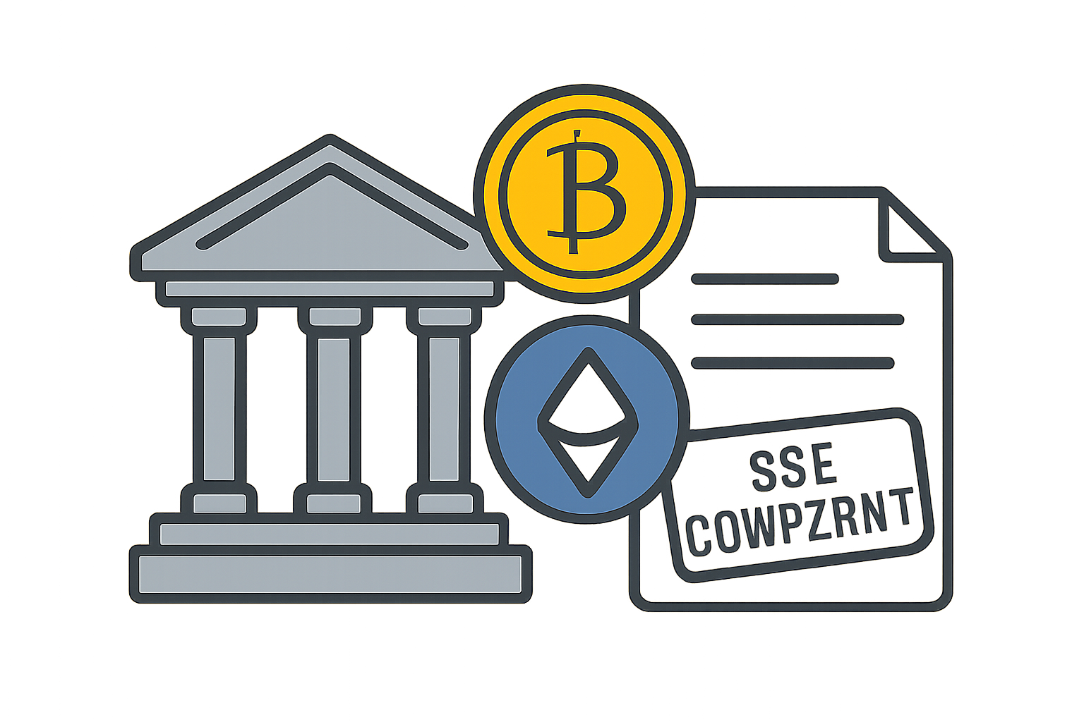 A courthouse icon with blockchain tokens and a document stamped 'SEC Compliant.'