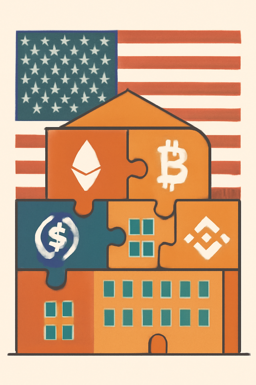 A digital illustration of a building split into puzzle pieces, each piece represented by a blockchain token, with a U.S. flag in the background.