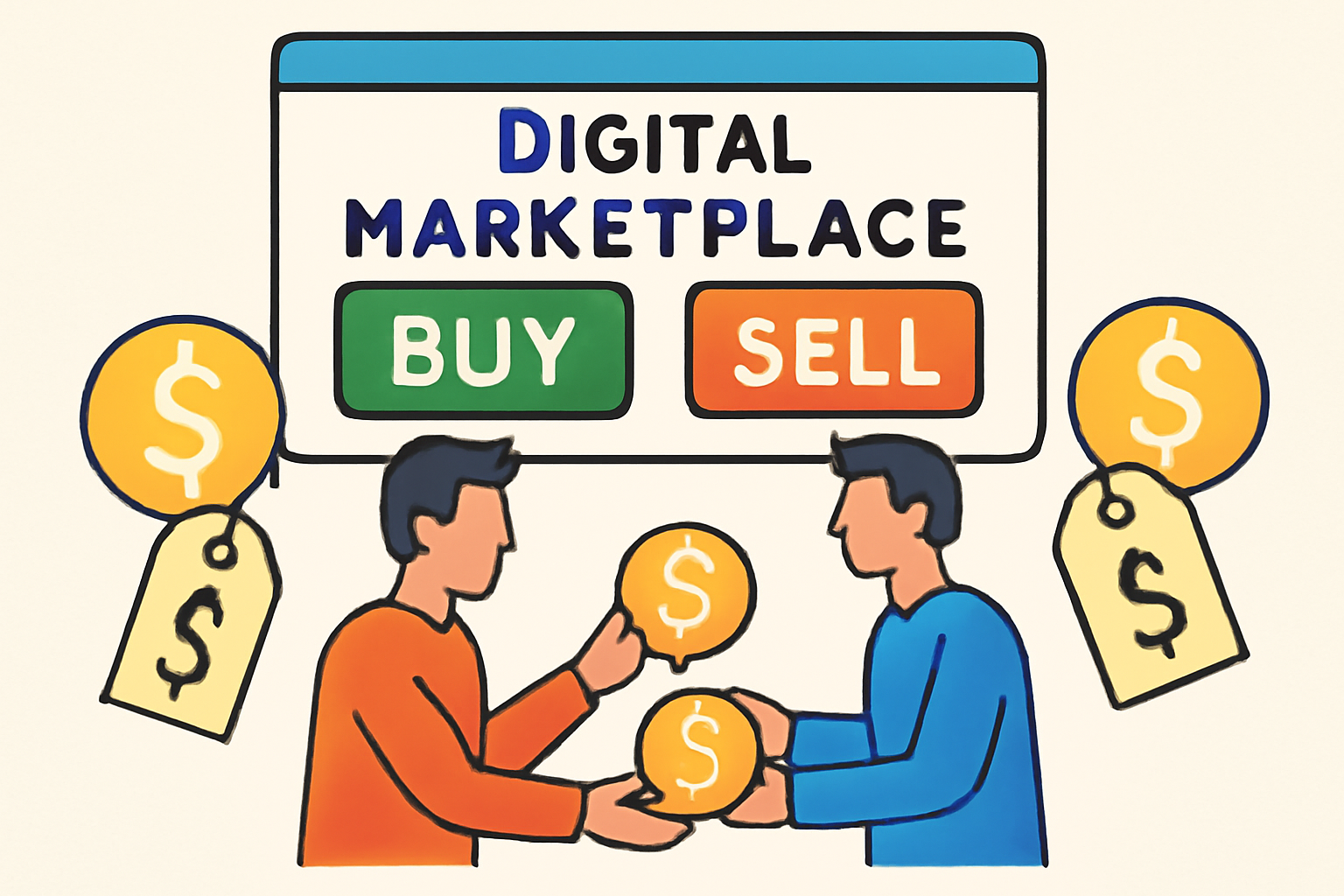 A digital marketplace with buy and sell buttons, tokens changing hands, and price tags attached.