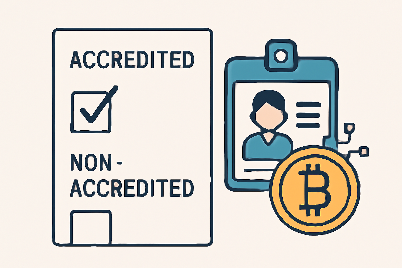 A checklist with boxes for 'Accredited' and 'Non-Accredited' investors, next to a digital ID card and a blockchain token.