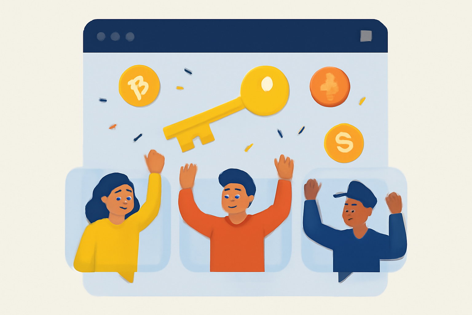 A digital chat room with a golden key symbol and crypto tokens floating around, users celebrating exclusive access.