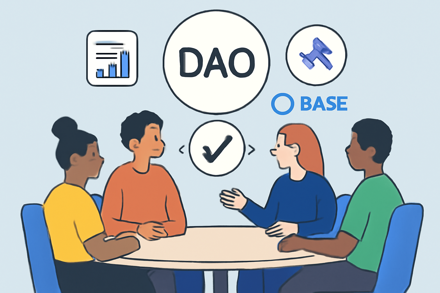A group of diverse avatars around a round table, with DAO governance icons and Base blockchain motifs.