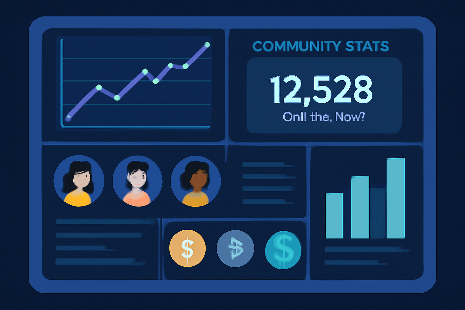 A futuristic dashboard with charts, user avatars, and crypto icons, showing community stats in real-time.