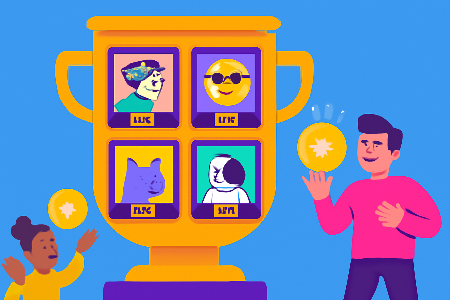 A vibrant digital trophy case with colorful NFTs, users receiving rewards for their activity.