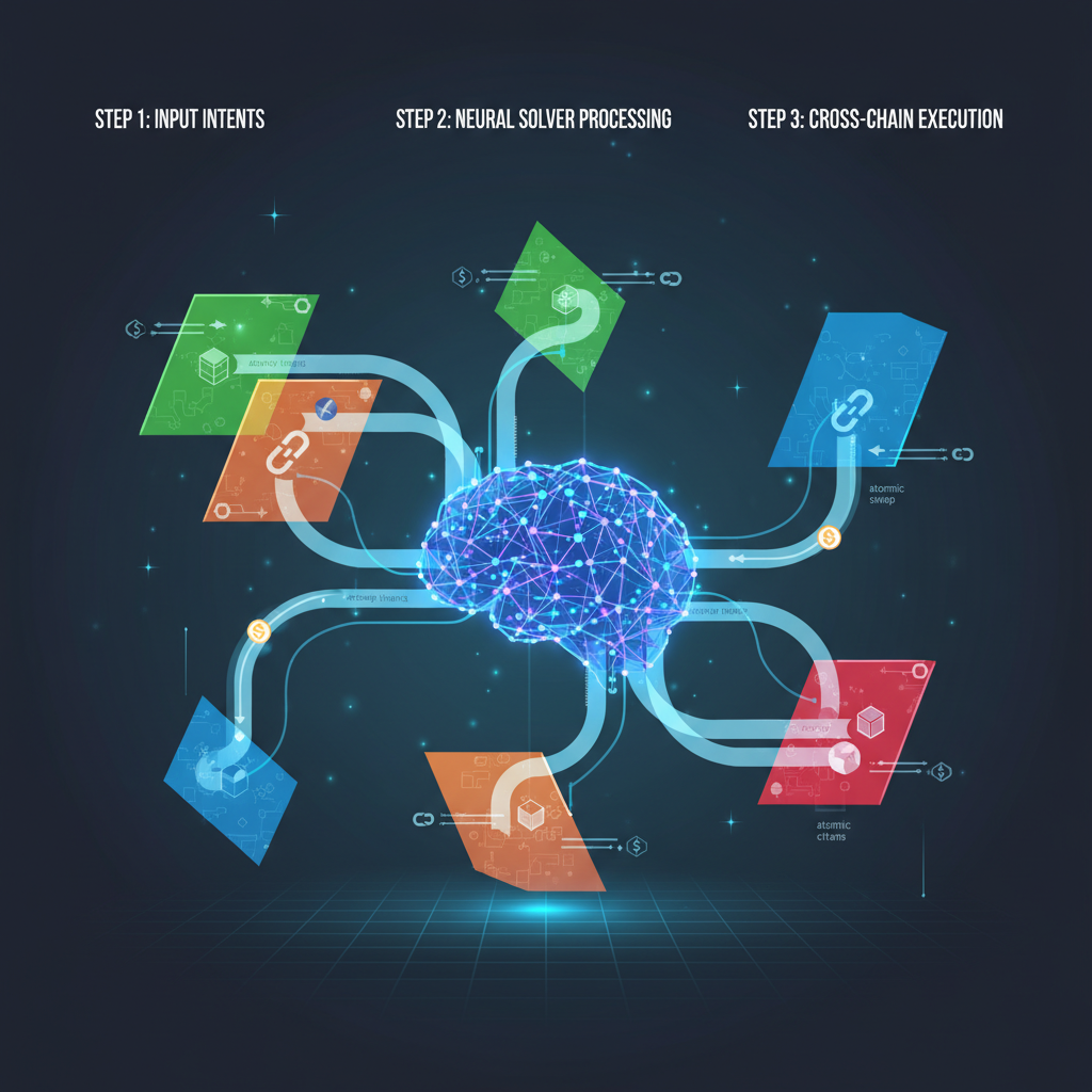 neural network solver weaving atomic swap intents across interconnected chains, holographic interface