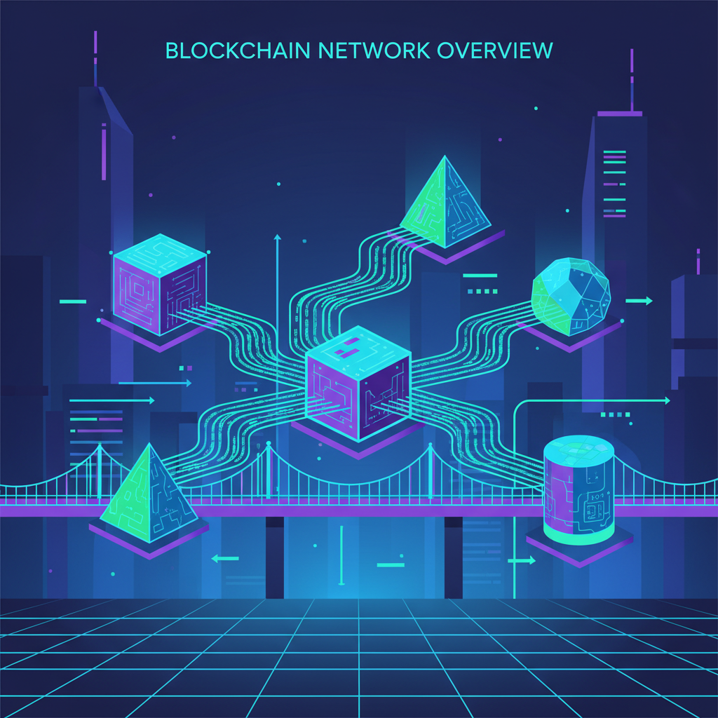 futuristic glowing bridges connecting diverse blockchain nodes with data streams flowing between them, cyberpunk style