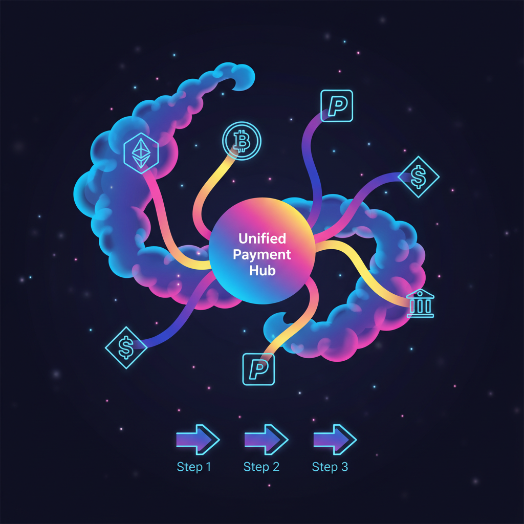 abstract ethereal gas clouds morphing into unified payment streams across multiple chain icons, neon gradients