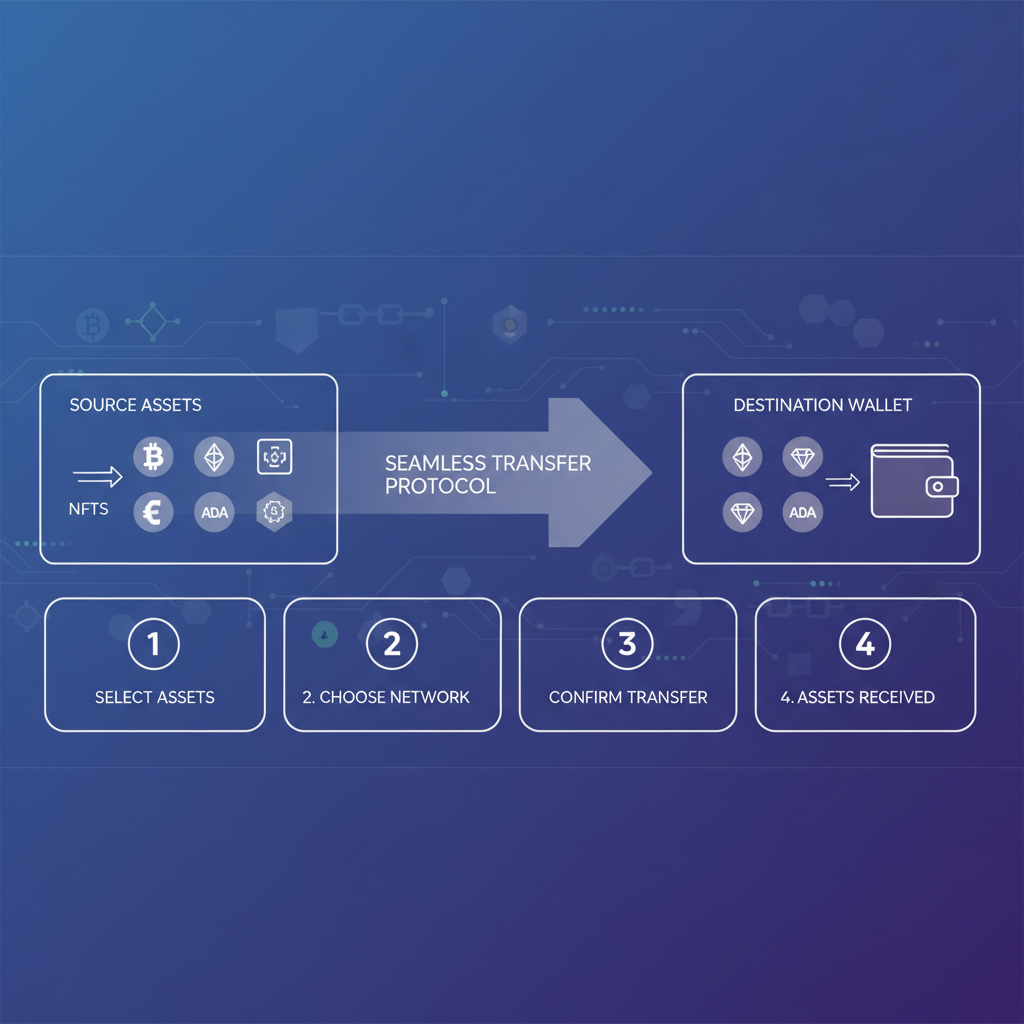 panoramic dashboard displaying unified assets flowing seamlessly between blockchain silhouettes, minimalist UI
