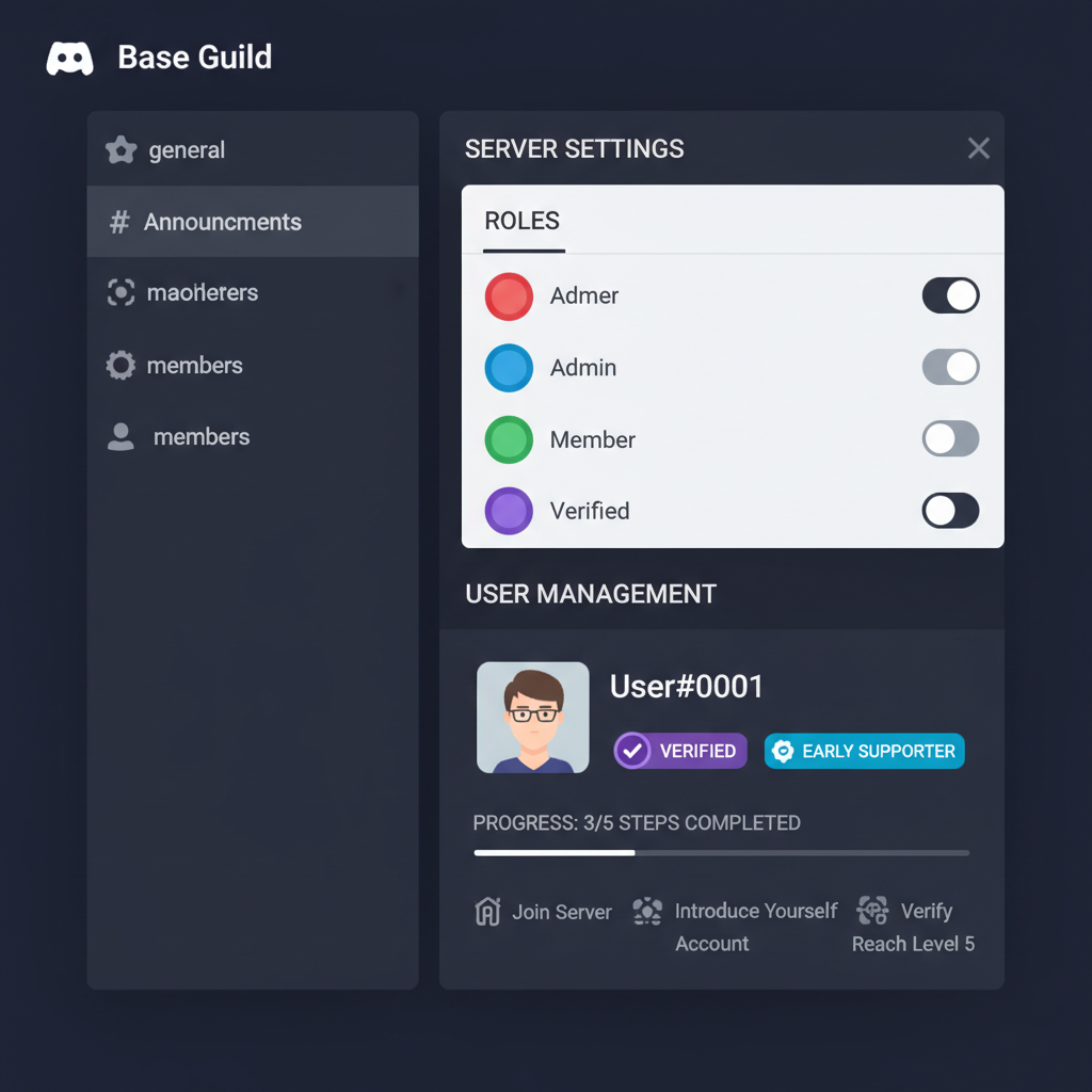 discord server base guild roles list user profile verified badges dashboard tracking progress modern ui dark mode