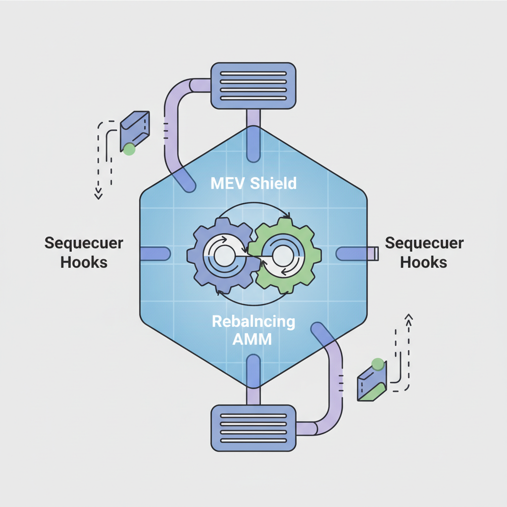 MEV shield protecting rebalancing AMM with sequencer hooks