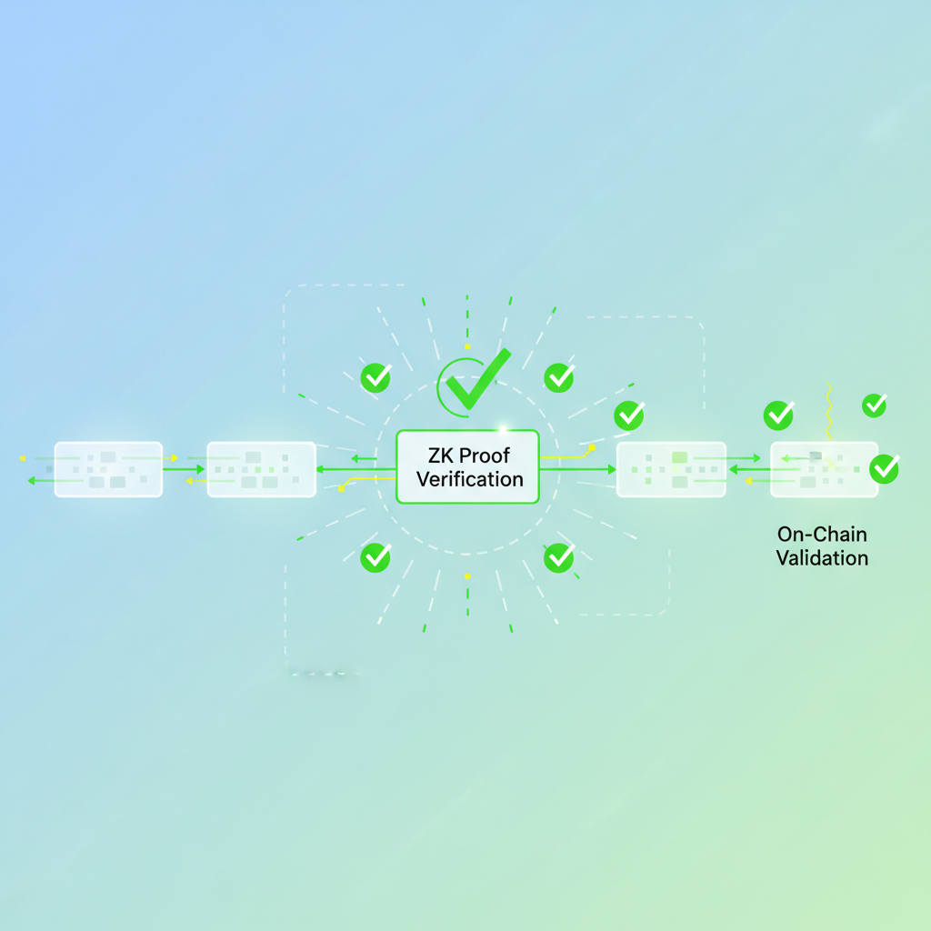 blockchain nodes verifying ZK proof on chain, transparent data flow, green checkmarks